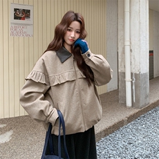 现货新款韩版时尚宽松休闲荷叶边羽绒服90绒外套女减龄白鸭绒上衣，女装派克服，韩然一族