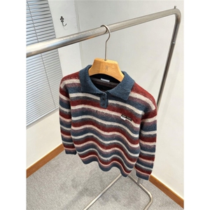 1506-1/MMY9823-21/P68美式慵懒覆古宽松polo领条纹毛衣男女秋冬图片