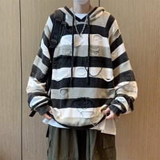 秋冬季潮流痞帅套头针织衫连帽卫衣男士美式破洞条纹毛衣M7019，男装针织衫/毛衣，星座1116A-1（原606A）