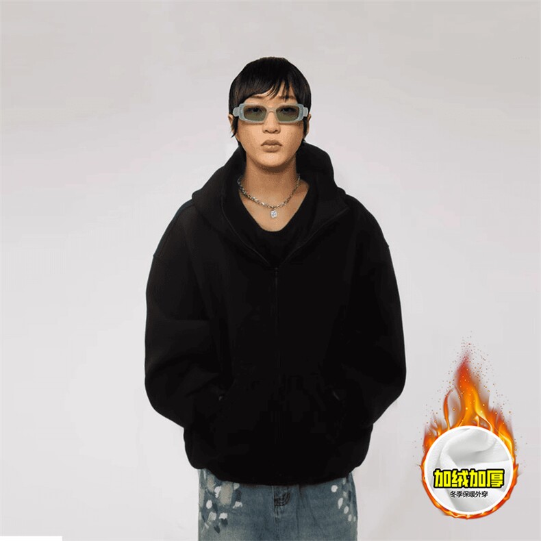 480G重磅加绒硬挺boxy男女秋冬美式高街防风高领卫衣开衫厚外套，女装短外套，电商A486-1