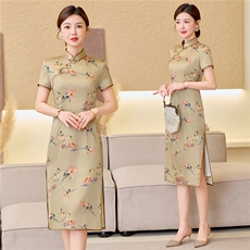 杭州品质真丝中长裙复古印花连衣裙女春夏日常修身潮流真丝旗袍，女装汉服/婚纱/旗袍/礼服，小荷流