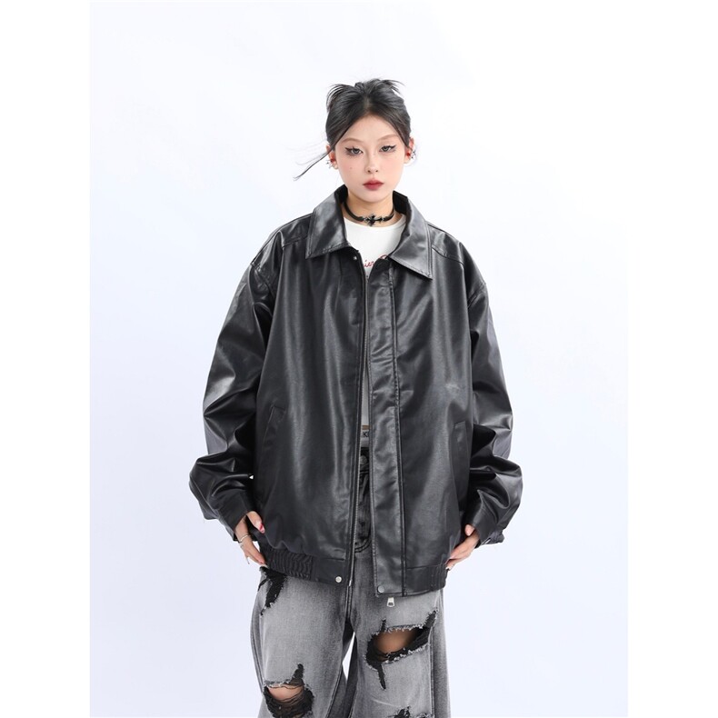 新款PU皮嘻哈外套上衣ins美式复古机车皮夹克男女帅气LJ5077-P65,男装夹克,星座1008