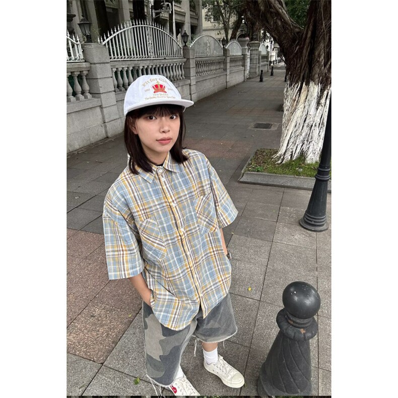 1506/Q52210/P37港风格子短袖衬衫男款潮牌美式休闲百搭情侣衬衣,男装T恤,星座1506