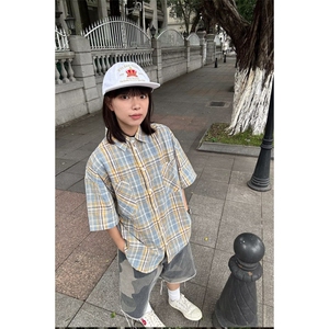1506/Q52210/P37港风格子短袖衬衫男款潮牌美式休闲百搭情侣衬衣图片