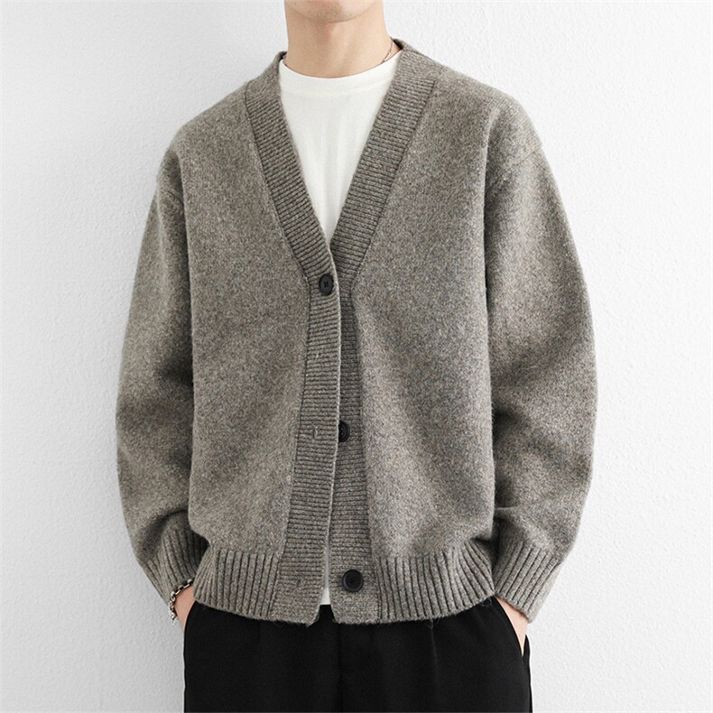 高端柔软V领针织开衫男士外套2025秋冬季复古宽松毛衣休闲夹克，男装针织衫/毛衣，星座914