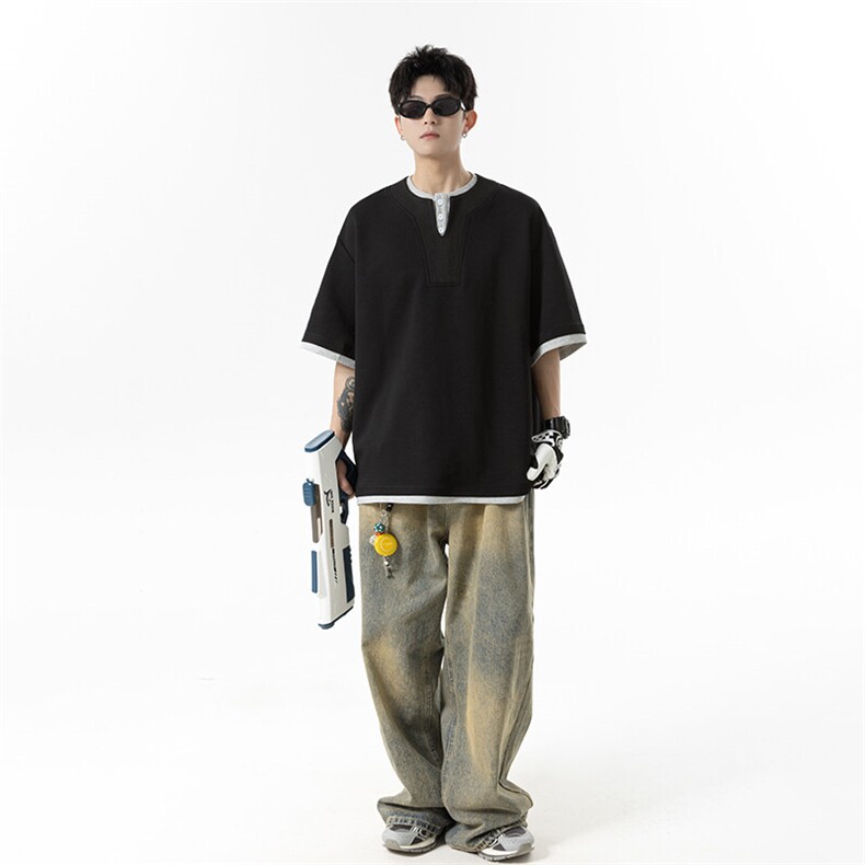 夏季2025新款罗纹拼接假2件亨利领短袖T恤xz906-Y137P45控78,男装T恤,星座906（原电商a316-1）