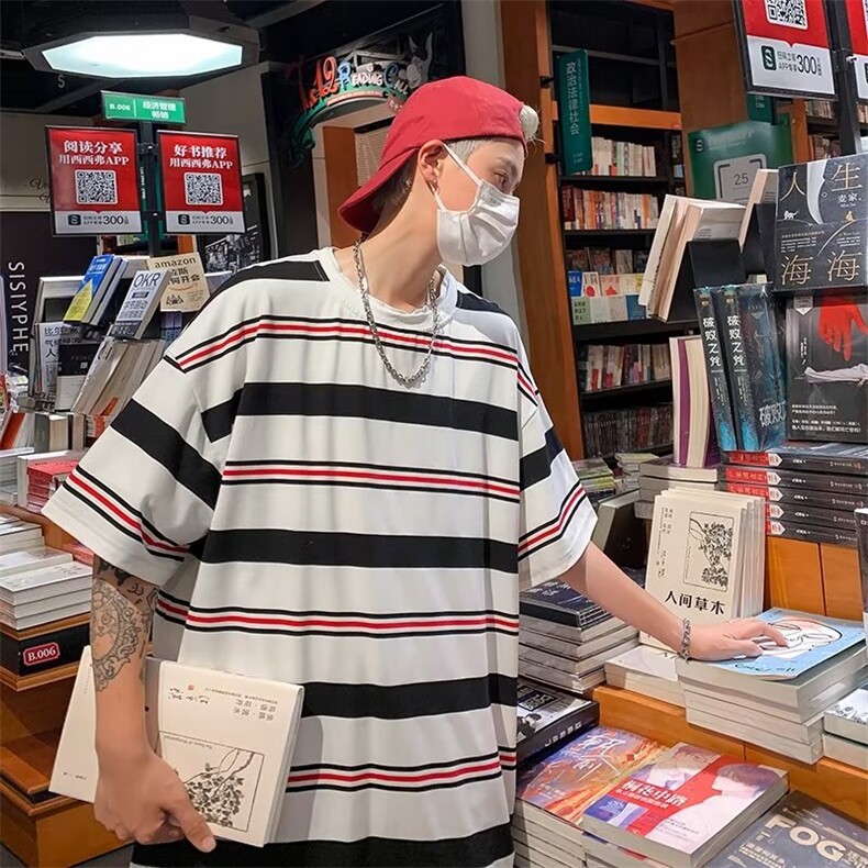夏季条纹短袖t恤男女ins潮宽松bf慵懒风体恤休闲半袖上衣HT16-P28,男装T恤,星座1008-1