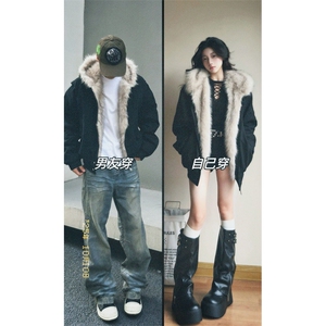 现货重磅硬挺boxy羽绒棉衣座山雕猫耳大毛毛领麂皮棉服冬外套图片