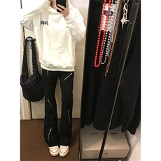 美式高街Vibe风拉链牛仔裤ins潮牌喇叭裤加绒阔腿裤K6087-P48网图，男装牛仔裤，电商B245