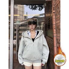 480G重磅加绒硬挺boxy男女秋冬美式高街防风高领卫衣开衫厚外套，女装短外套，电商A486