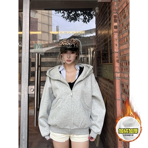 480G重磅加绒硬挺boxy 男女秋冬美式高街防风高领卫衣开衫厚外套图片