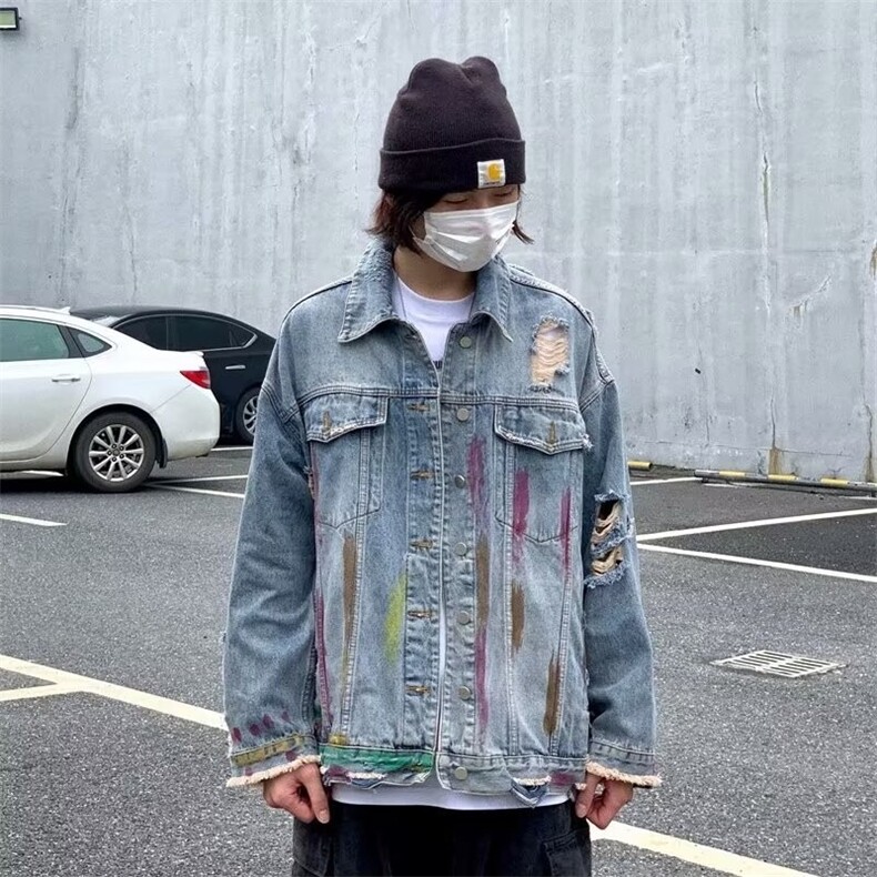 JK8864-P59美式复古水洗小众扎染破洞牛仔外套,男装工装外套,电商B323A