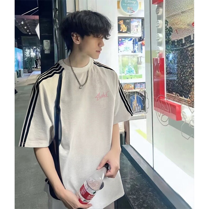 抖音得物品质二开240克宽松纯棉美式潮牌印花三条杠中性风短袖T恤,男装T恤,电商A486