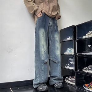 DK901-P65美式高街复古重工做旧水洗牛仔裤男解构拼接设计图片
