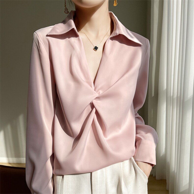 高级感蓝色免烫缎面衬衫女2025春夏新款职业通勤教资面试长袖衬衣，女装衬衫，素语电商供货