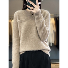 秋冬新款100%纯羊毛衫女圆领假兜长袖羊绒衫宽松针织毛衣内搭打底，女装羊毛衫，绒汀羊绒