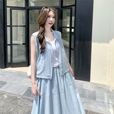 韩版减龄蓝色马甲半身裙套装女2025夏季新款慵懒风宽松休闲两件套，女装套装/套裙，2C217