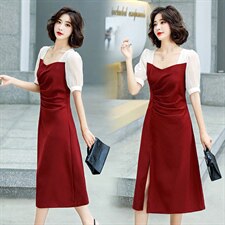 2021年夏季新款气质修身显瘦方领短袖中长款开叉拼色连衣裙,女装连衣裙,盈茜, 2021年夏季新款气质修身显瘦方领短袖中长款开叉拼色连衣裙,女装连衣裙,盈茜,