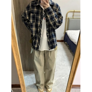 美式蓝色格子长袖衬衫男士衬衣内搭宽松休闲外套 C8208图片