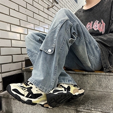 港风秋款男牛仔裤工装拼接渐变色直筒长裤NK0737P55，男装牛仔裤，星座1013-1