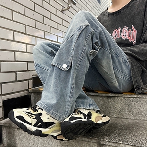 港风秋款男牛仔裤工装拼接渐变色直筒长裤NK0737 P55图片