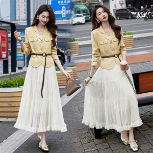 现货2026年春季新款女气质时尚潮流小外套上衣半身裙连衣裙套装，女装套装/套裙，奋斗女王