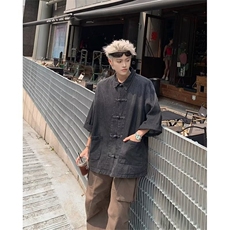夏季新中式翻领牛仔衬衫男女宽松休闲复古衬衣工装外套潮，男装衬衫，星座410-7