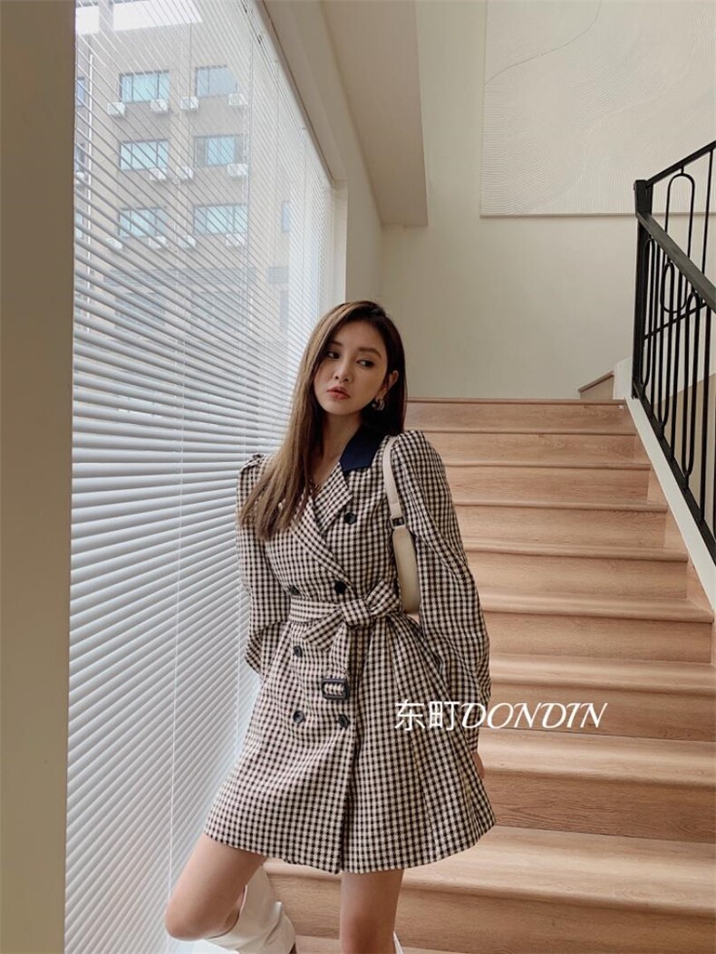 现货撞色拼接千鸟格西装裙，女装西装，东町