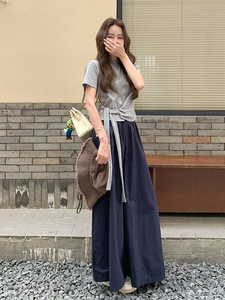 设计感不规则短袖套装女2025夏新款休闲系带上衣显瘦阔腿裤套装女图片