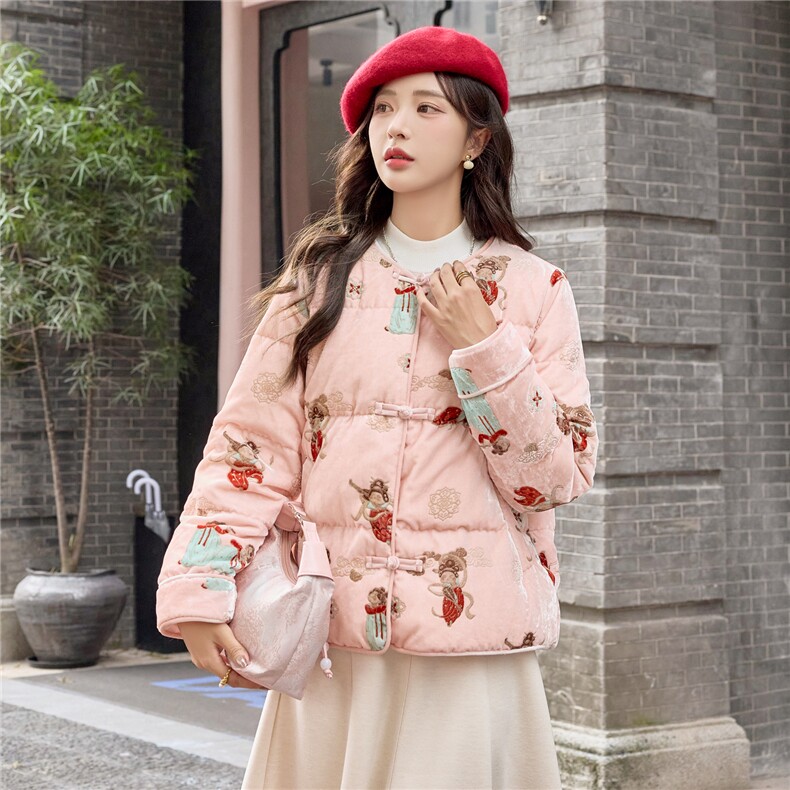 2025年冬季新款白鸭绒新中式风精美小唐人提花气质复古羽绒服,女装羽绒服,1C080