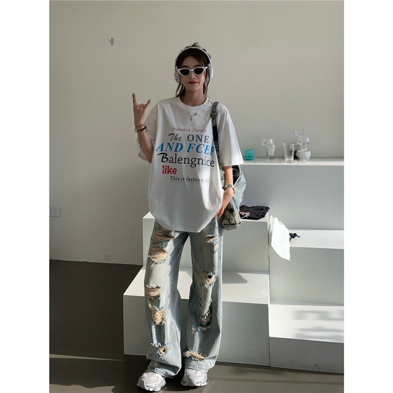 做旧破洞牛仔裤大码女夏季2025新款宽松显瘦直筒阔腿长裤NZT804,男装牛仔裤,星座516A