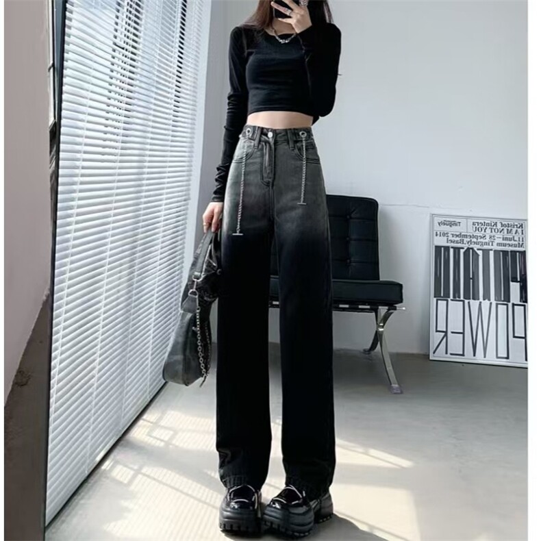 渐变色阔腿牛仔裤女2025夏季新款高腰直筒宽松垂感小个子拖地长裤图片
