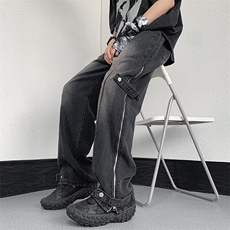 美式高街搭扣拉链牛仔裤水洗痞帅开叉裤313A-1-NZ034-P65控78，男装牛仔裤，星座808A-1