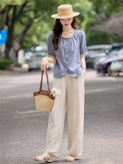 时尚气质休闲套装女2025夏季全棉条纹衬衫上衣阔腿裤显瘦两件套，女装套装/套裙，依万里