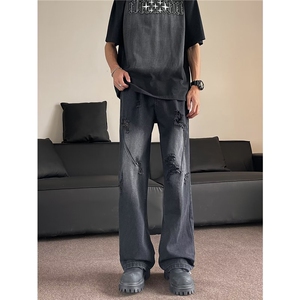 渐变破洞牛仔裤美式高街显腿长裤子男夏季直筒修身提档微喇裤图片