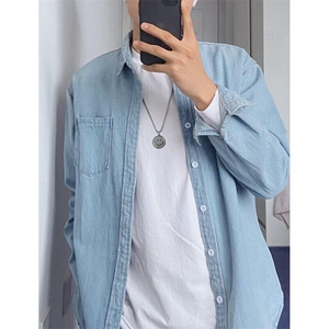 牛仔衬衫男长袖春秋韩版潮流帅气休闲外套痞帅蓝色衬衣 CX325图片