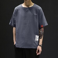 T215大货主推男士休闲圆领风棉麻亚麻T恤大码民族服透气凉爽图片