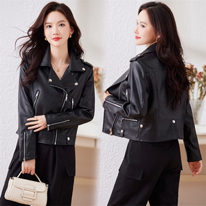 春秋新款海宁正品皮衣女短款韩版修身显瘦翻领机车皮夹克小外套潮,女装皮衣,潮流依族