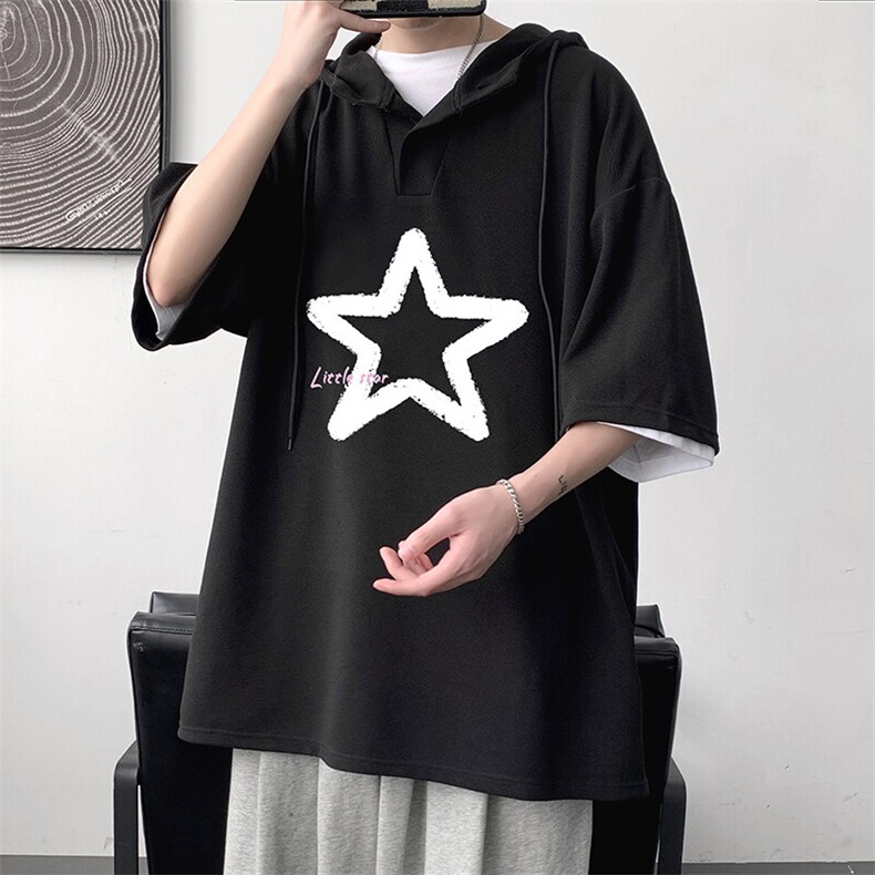 LD54286-P45NASA 连帽短袖t恤男大码胖子带帽五分袖中袖图片