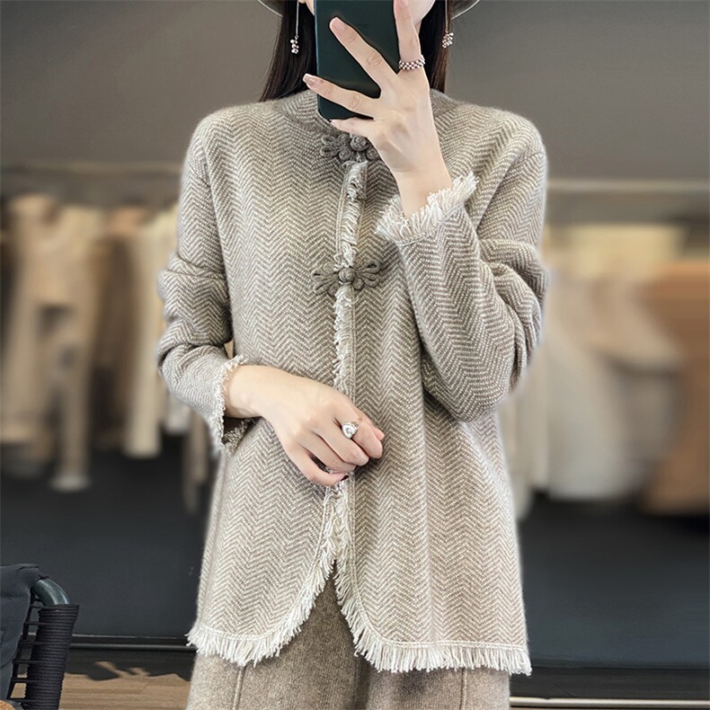 2025新款复古100%纯羊毛开衫女国风盘扣流苏针织羊绒外套宽松毛衣,女装羊毛衫,江南羊绒