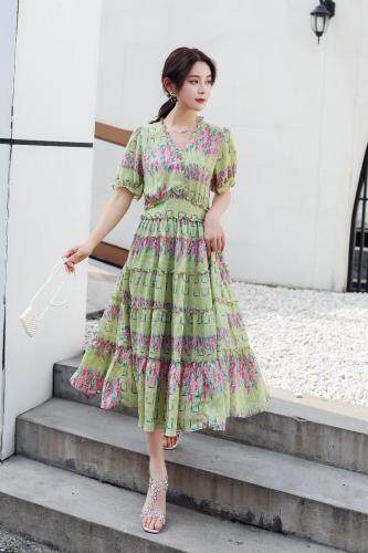 《现货》夏季新款收腰绿色甜美长款连衣裙，女装连衣裙，宫廷韵色