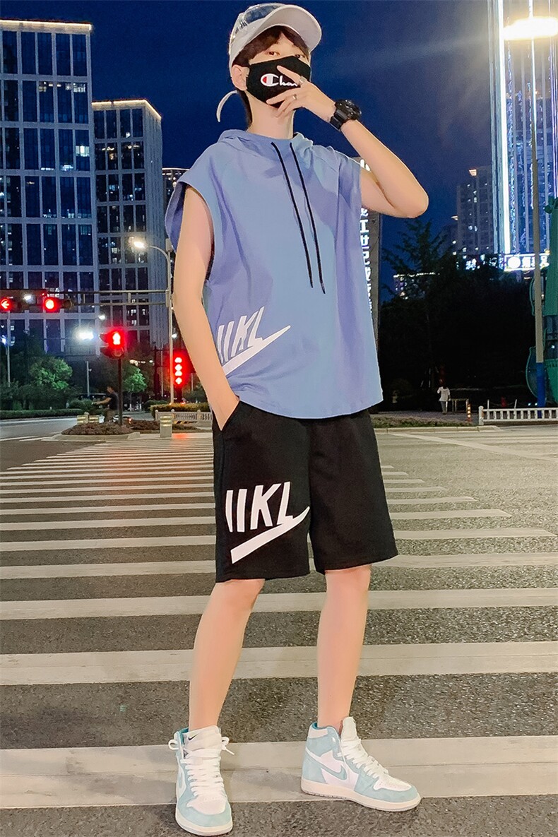 夏季情侣装青少年纯棉宽松无袖T恤连帽运动背心套装男TZ267-P60,男装背心/马甲,电商A441