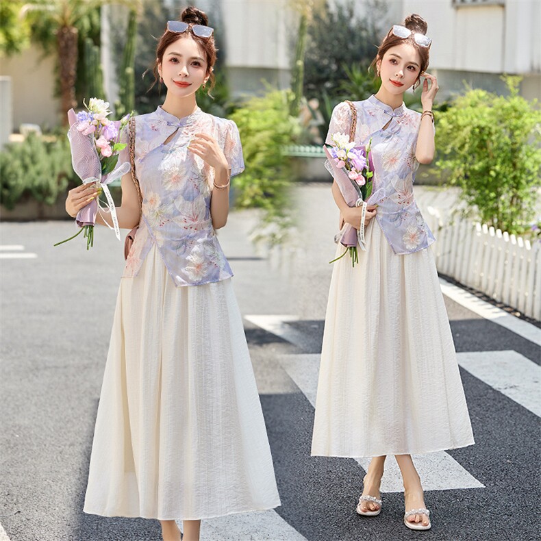 2025夏季新款新中式风禅意复古盘扣上衣碎花半身裙女，女装连衣裙，布芭啦