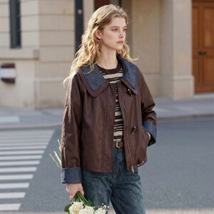 【春季女装新款】大量现货时尚相拼短款皮衣外套，女装皮衣，缘衣格