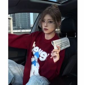 时尚藏蓝色圆领雪人毛衣男女秋冬2025新款休闲宽松针织上衣图片