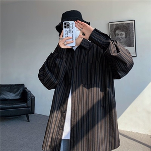 日系复古撞色条纹长袖衬衫男女中性风宽松工装衬衣潮CY1027-P45图片