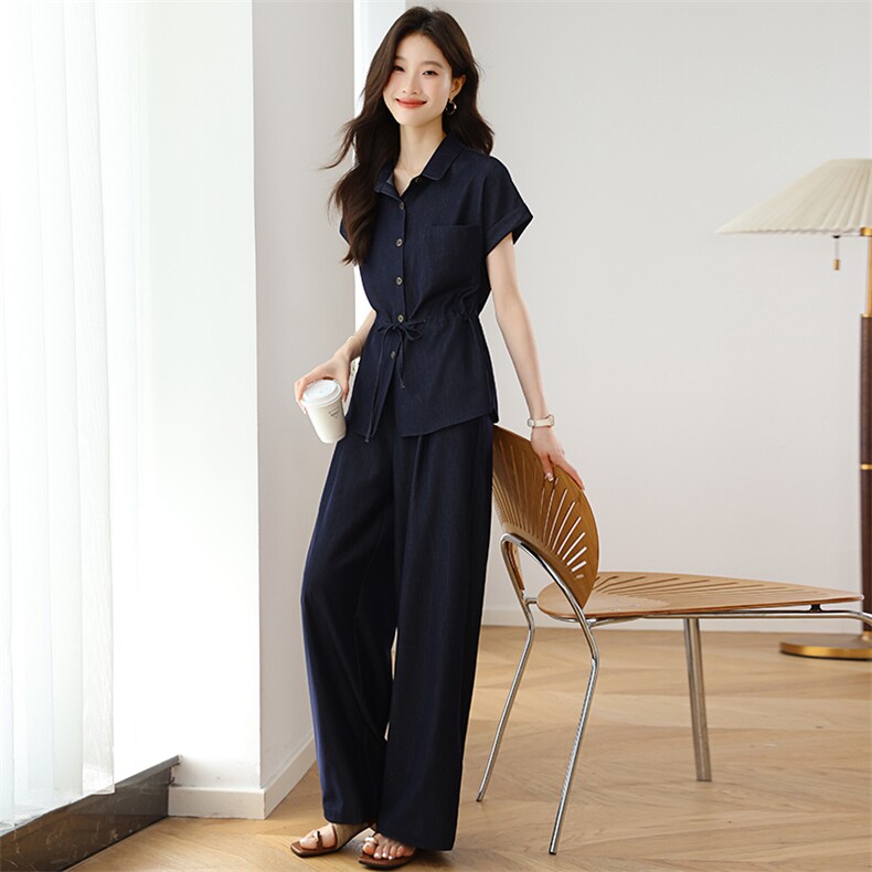 夏季薄款牛仔套装裤女2025新款休闲气质短袖收腰衬衫阔腿裤两件套，女装套装/套裙，婷思杰（原婷想服饰）