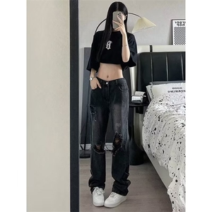 美式ins高街暗黑系破洞牛仔裤 潮发型师个性拉链裤N2228 P48图片