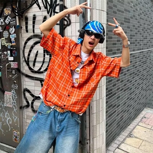 1506/Q52620/P35美式复古橙色格纹短袖衬衫男女新款情侣衬衣