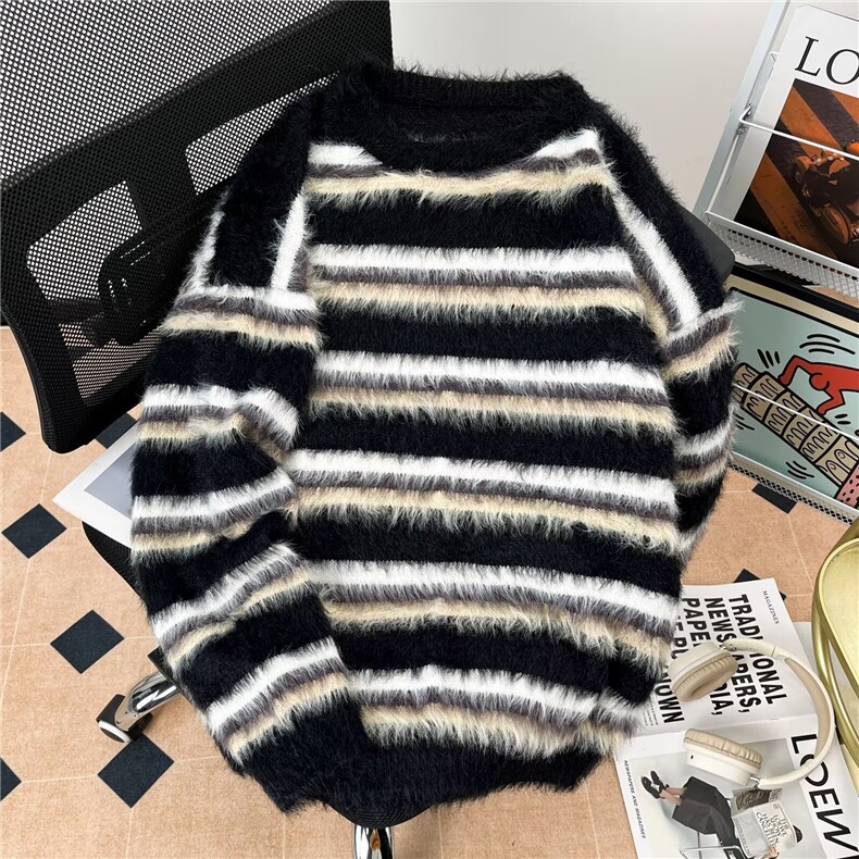 条纹毛衣情侣款秋季复古慵懒风宽松针织衫2410P53，男装针织衫/毛衣，星座410-2